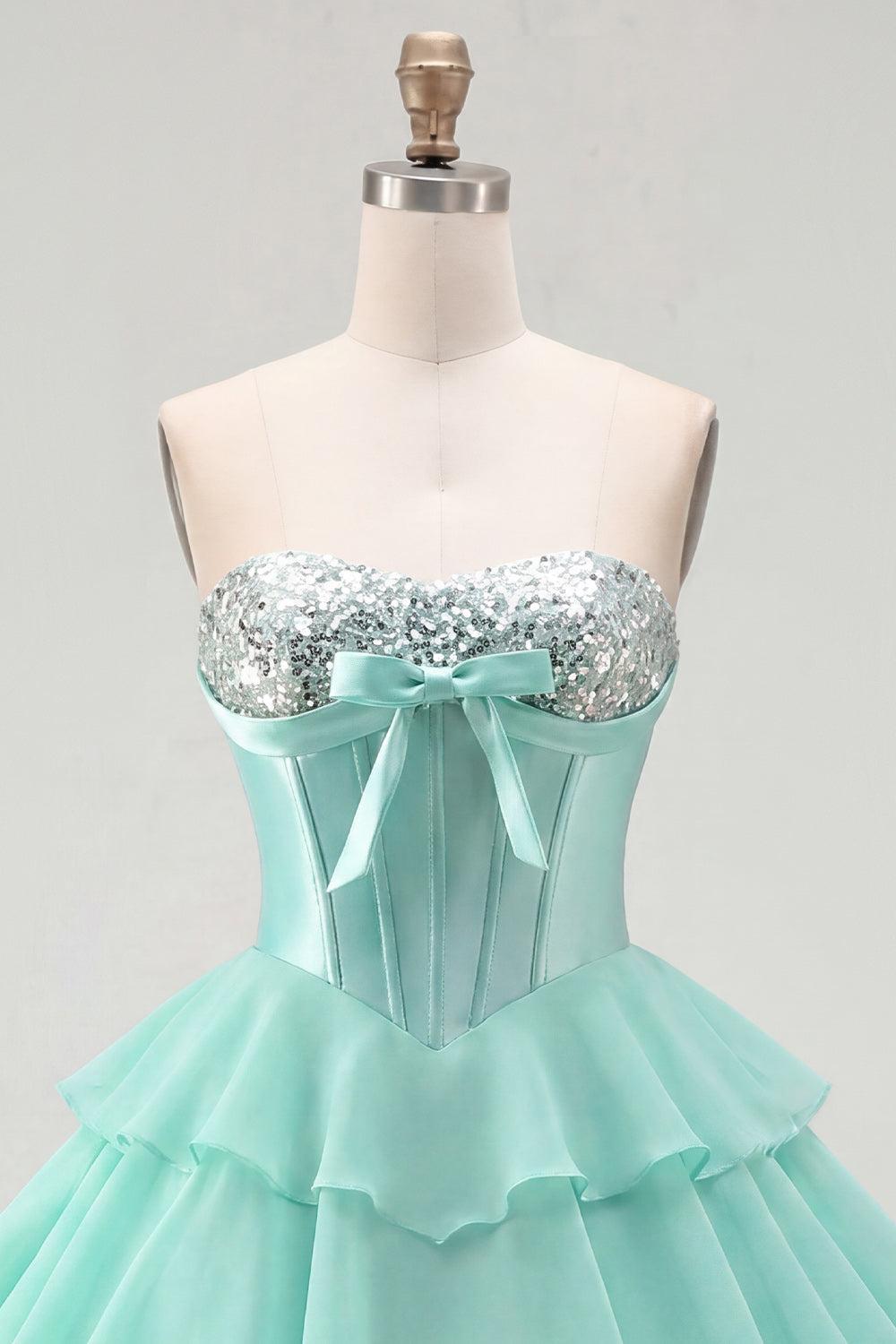 Dressystars Mint Green Strapless Beaded A-Line Corset Short Homecoming Dress with Ruffles