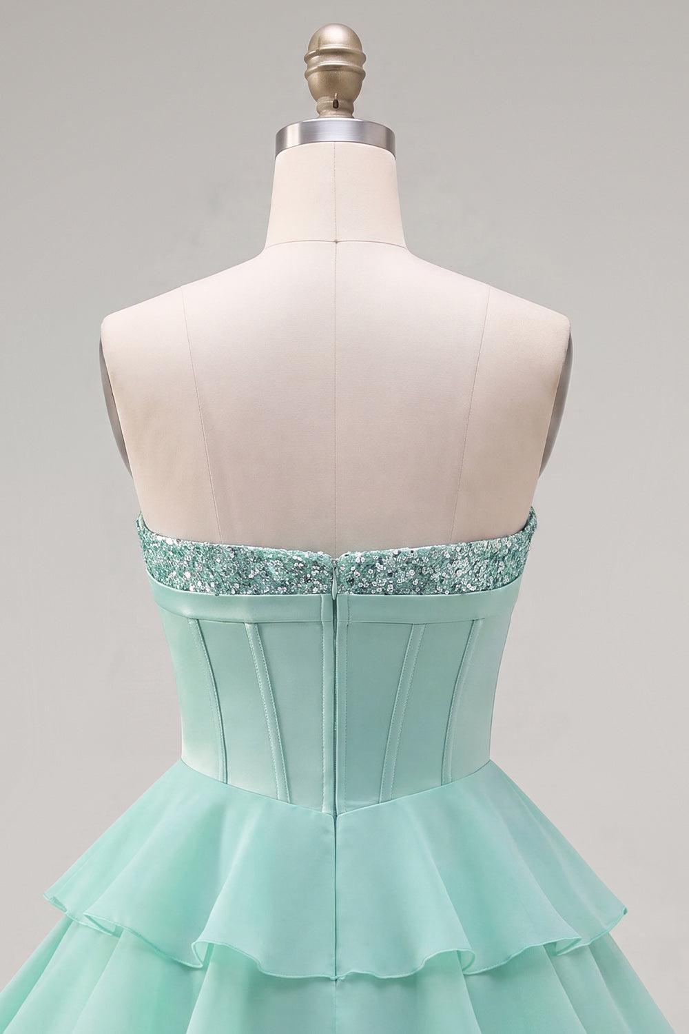 Dressystars Mint Green Strapless Beaded A-Line Corset Short Homecoming Dress with Ruffles