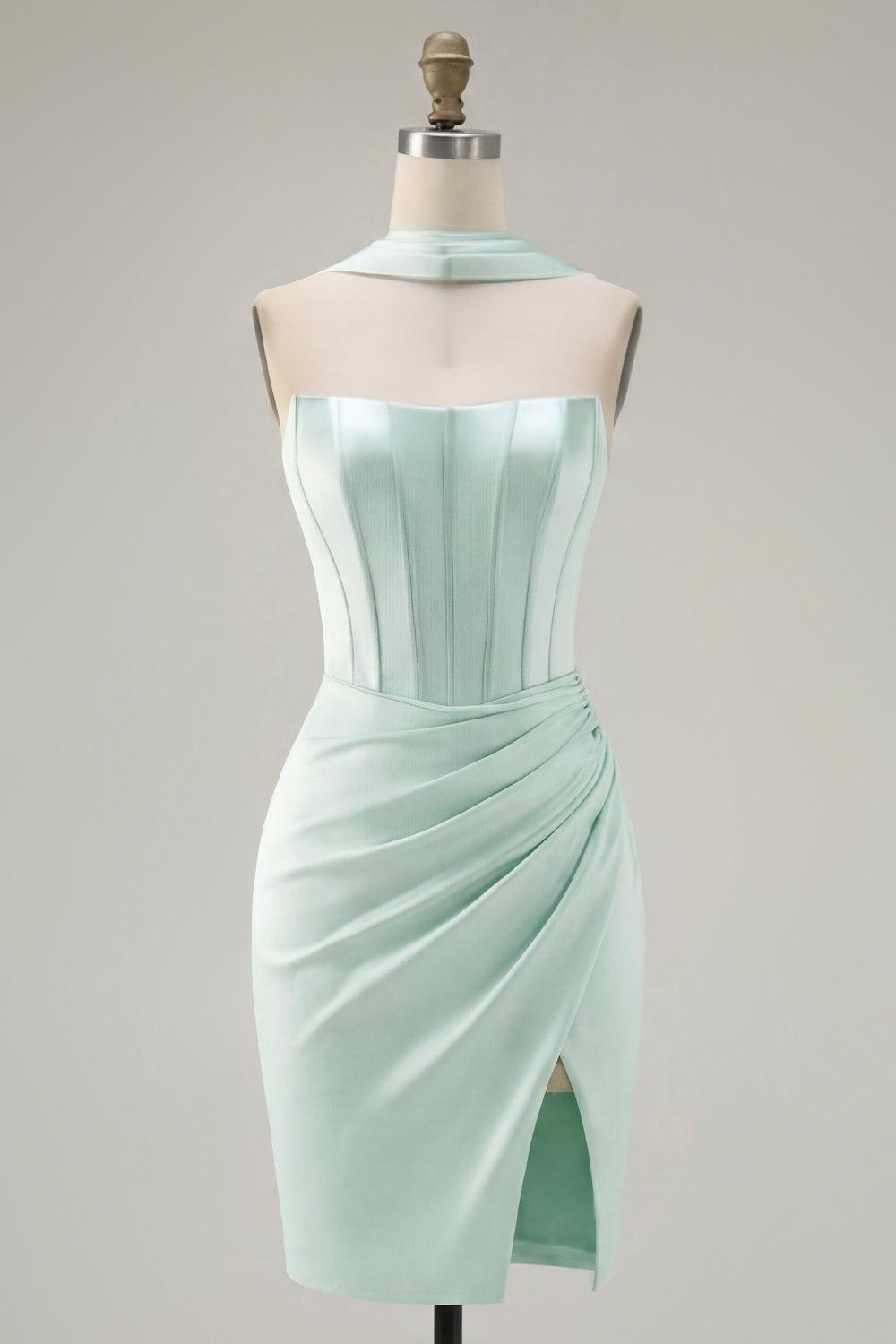 Dressystars Mint Green Strapless Ruched Corset Tight Short Homecoming Dress with Slit