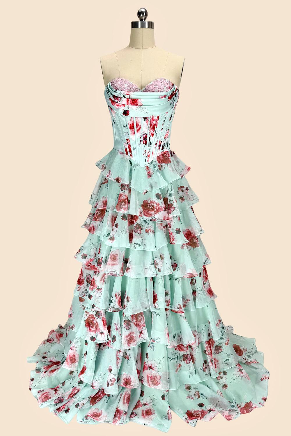 Dressystars Mint Green Watercolor Floral Strapless Prom Dress With Sweetheart Tiered Chiffon Train Formal Evening Gown
