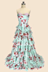 Dressystars Mint Green Watercolor Floral Strapless Prom Dress With Sweetheart Tiered Chiffon Train Formal Evening Gown