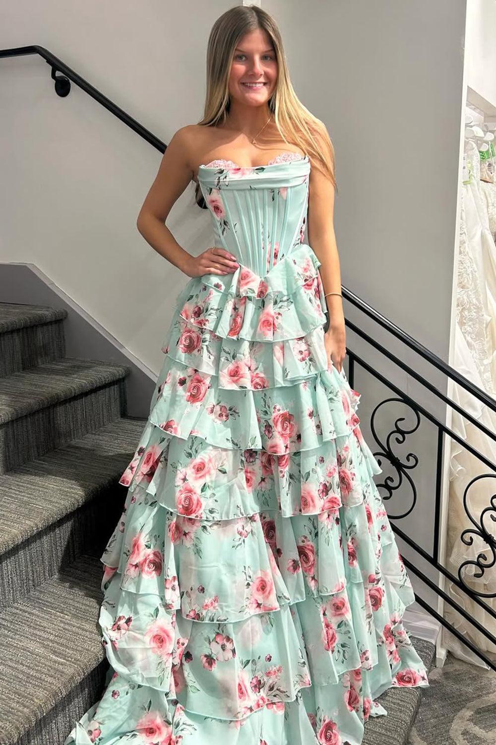 Dressystars Mint Green Watercolor Floral Strapless Prom Dress With Sweetheart Tiered Chiffon Train Formal Evening Gown