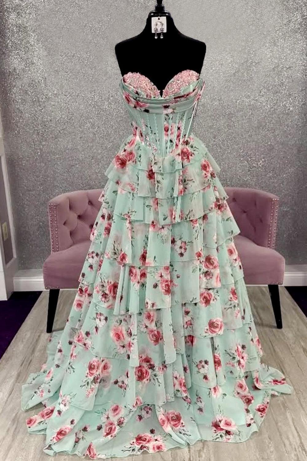 Dressystars Mint Green Watercolor Floral Strapless Prom Dress With Sweetheart Tiered Chiffon Train Formal Evening Gown