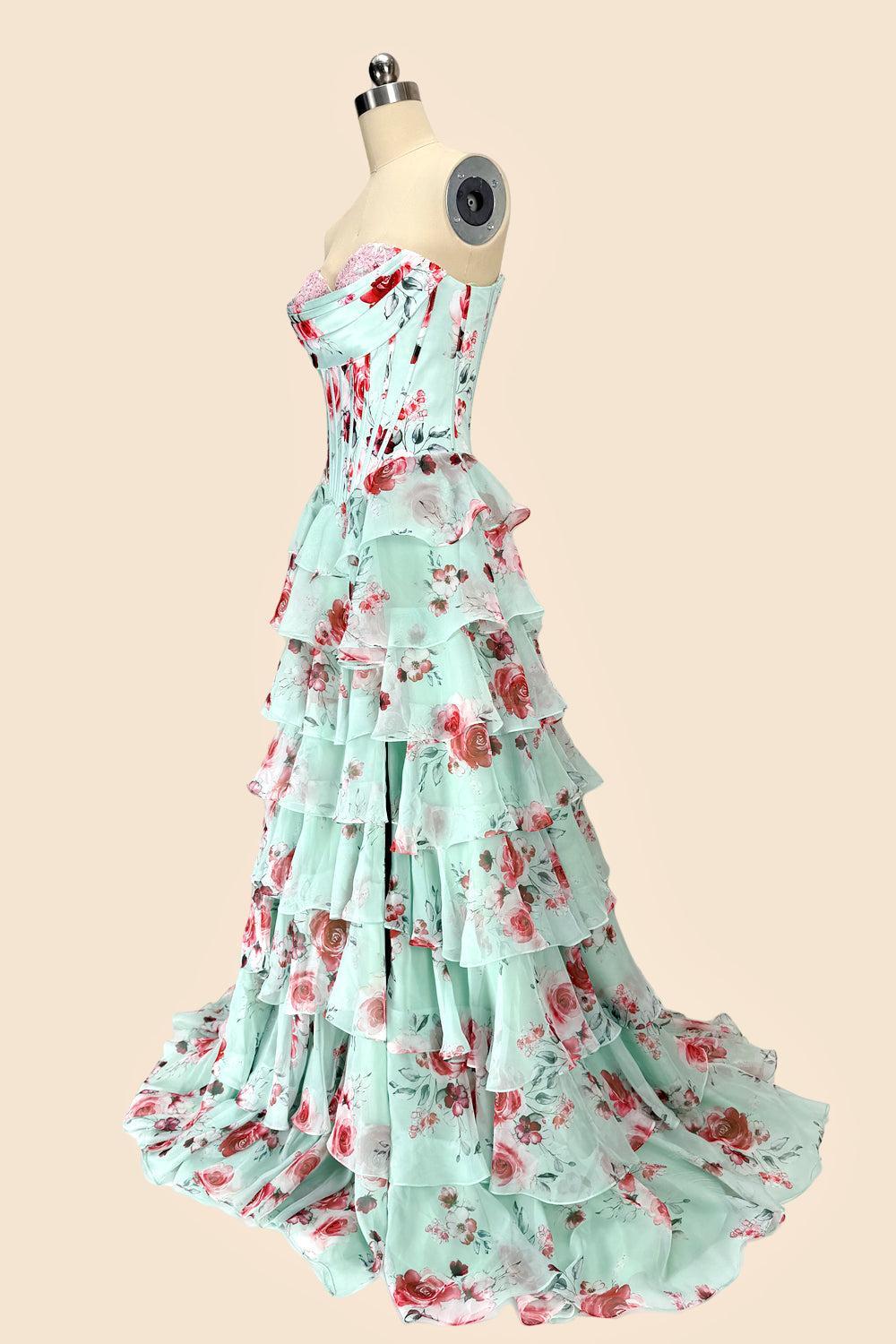 Dressystars Mint Green Watercolor Floral Strapless Prom Dress With Sweetheart Tiered Chiffon Train Formal Evening Gown