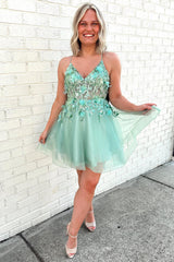 Dressystars Mint Homecoming Dress A Line Corset Short Prom Dress With 3D Flowers