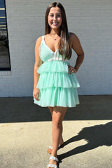 Dressystars Mint Homecoming Dress Green Homecoming Dress A-Line Tiered Tulle Short Prom Dress