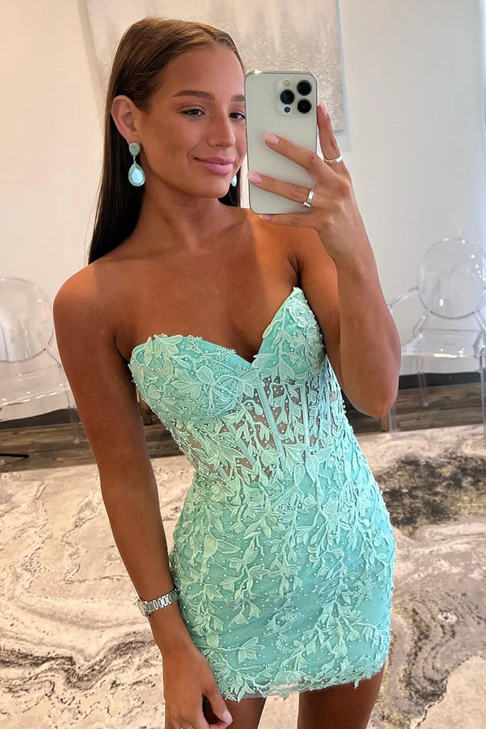 Dressystars Mint Homecoming Dress Lace Sweetheart Tight Short Prom Dress