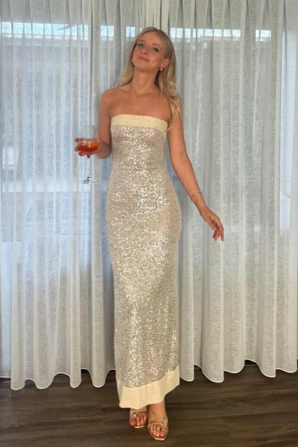 Dressystars Modern Sequin Strapless Prom Gown With Minimalist Design And Glamorous Finish Formal Evening Gown