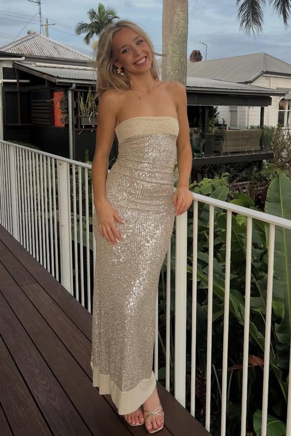 Dressystars Modern Sequin Strapless Prom Gown With Minimalist Design And Glamorous Finish Formal Evening Gown