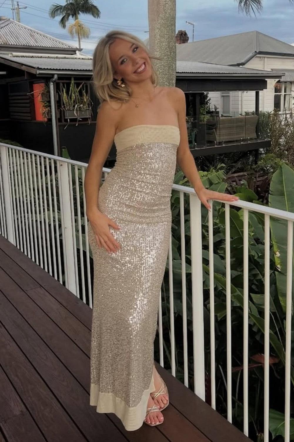 Dressystars Modern Sequin Strapless Prom Gown With Minimalist Design And Glamorous Finish Formal Evening Gown