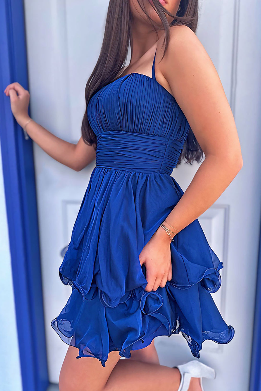 Dressystars Navy A Line Homecoming Dresses Spaghetti Straps Short Cocktail Dresses With Ruffles