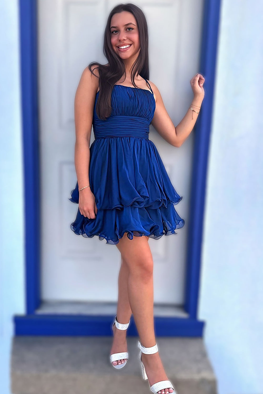 Dressystars Navy A Line Homecoming Dresses Spaghetti Straps Short Cocktail Dresses With Ruffles