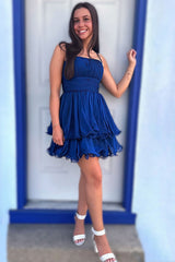 Dressystars Navy A Line Homecoming Dresses Spaghetti Straps Short Cocktail Dresses With Ruffles