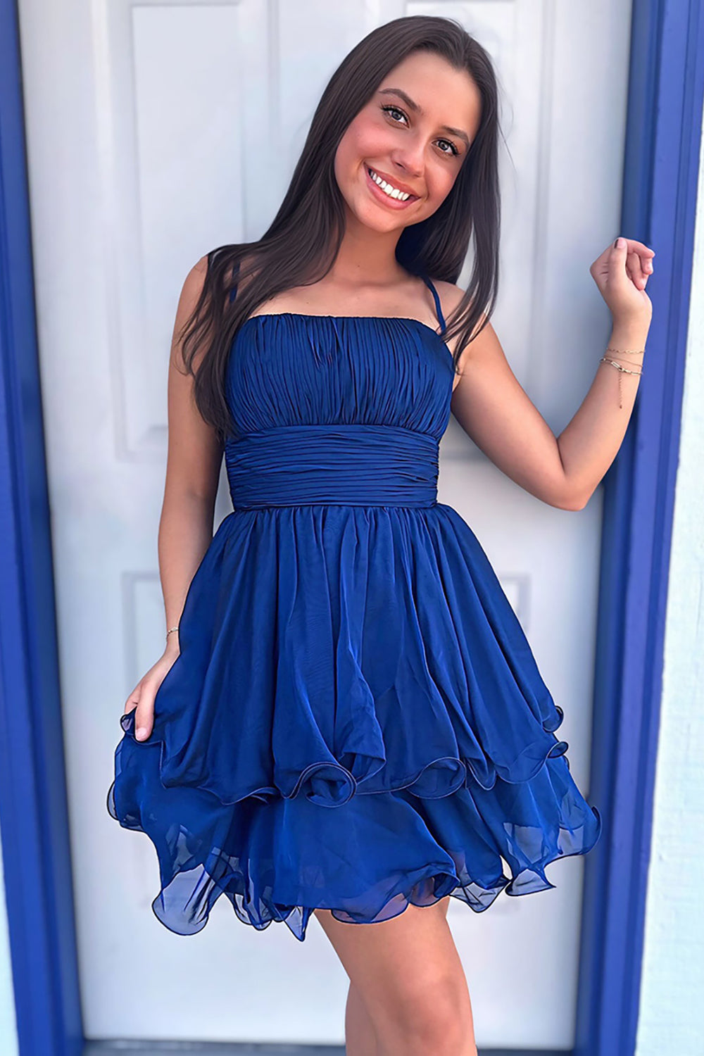 Dressystars Navy A Line Homecoming Dresses Spaghetti Straps Short Cocktail Dresses With Ruffles