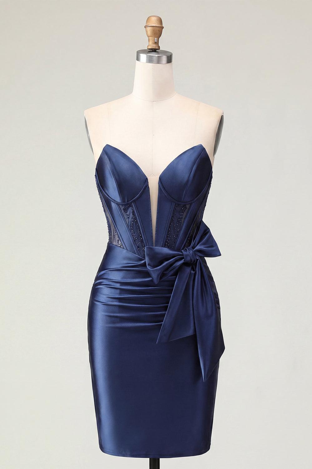 Dressystars Navy Basque Waist Beaded Corset Tight Short Homecoming Dress with Bow
