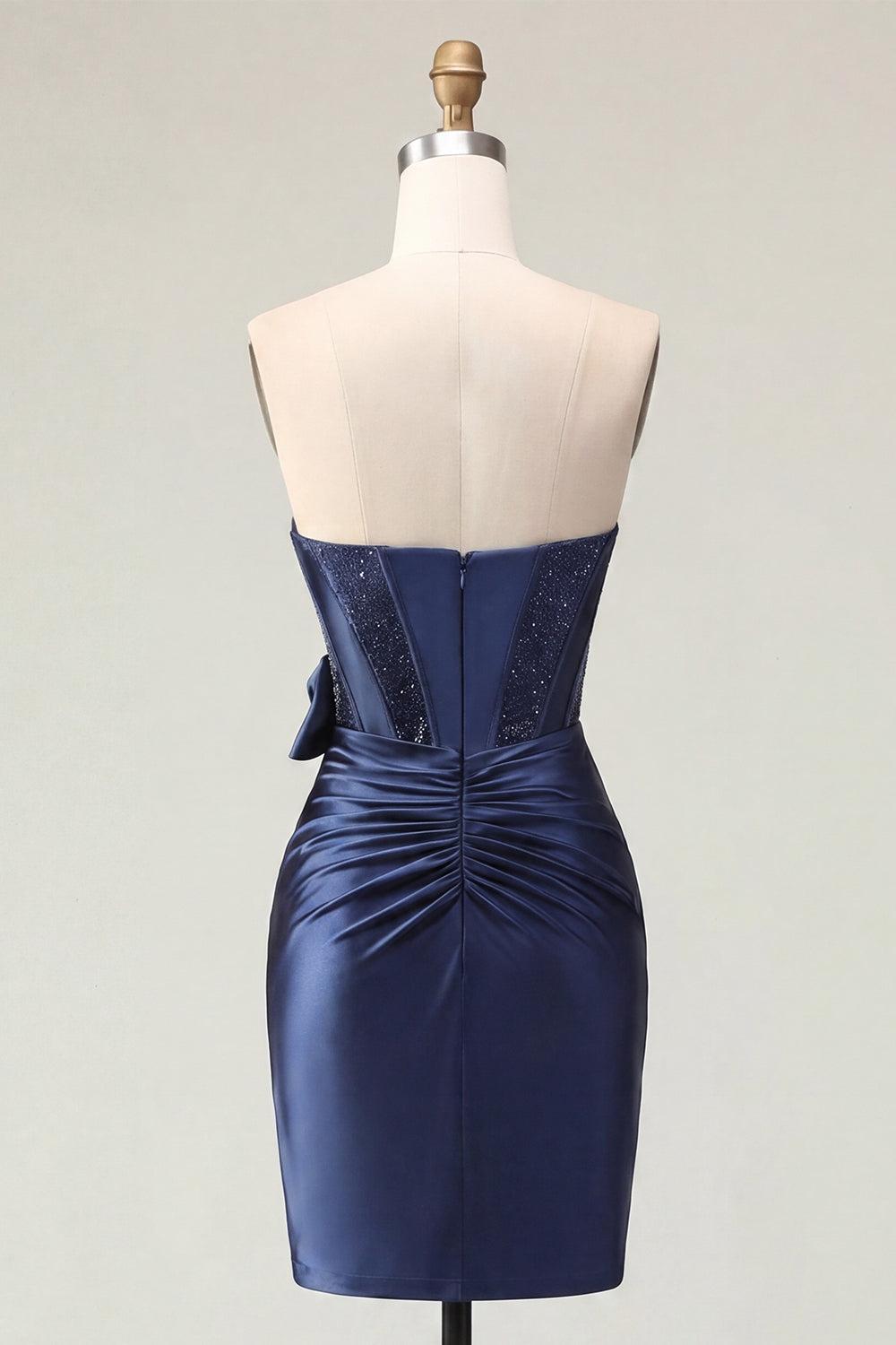 Dressystars Navy Basque Waist Beaded Corset Tight Short Homecoming Dress with Bow