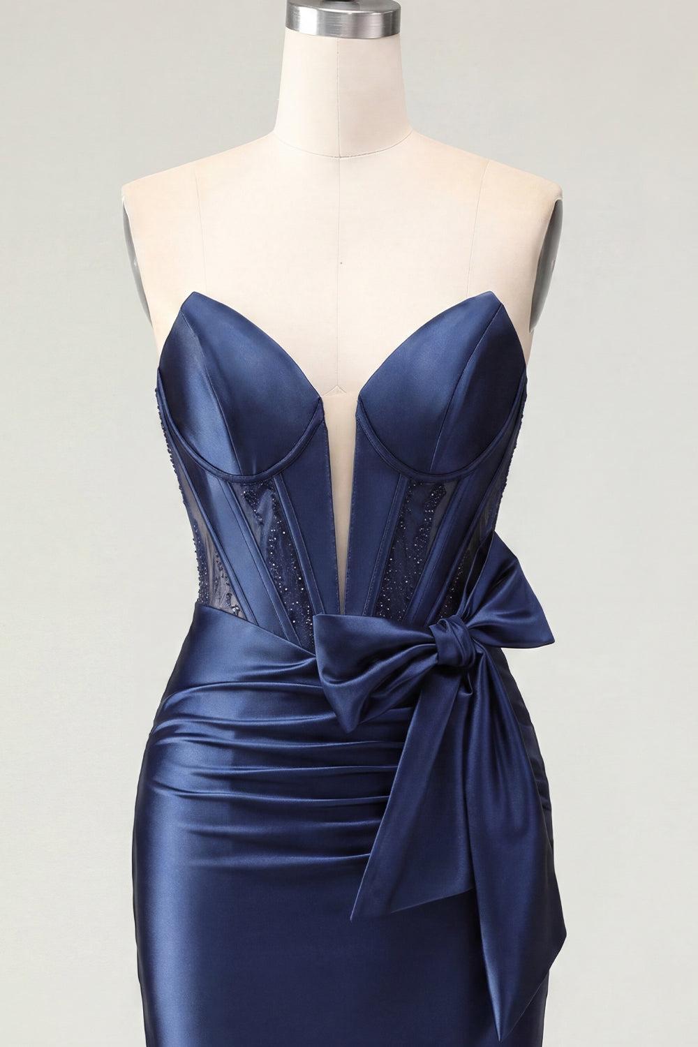 Dressystars Navy Basque Waist Beaded Corset Tight Short Homecoming Dress with Bow