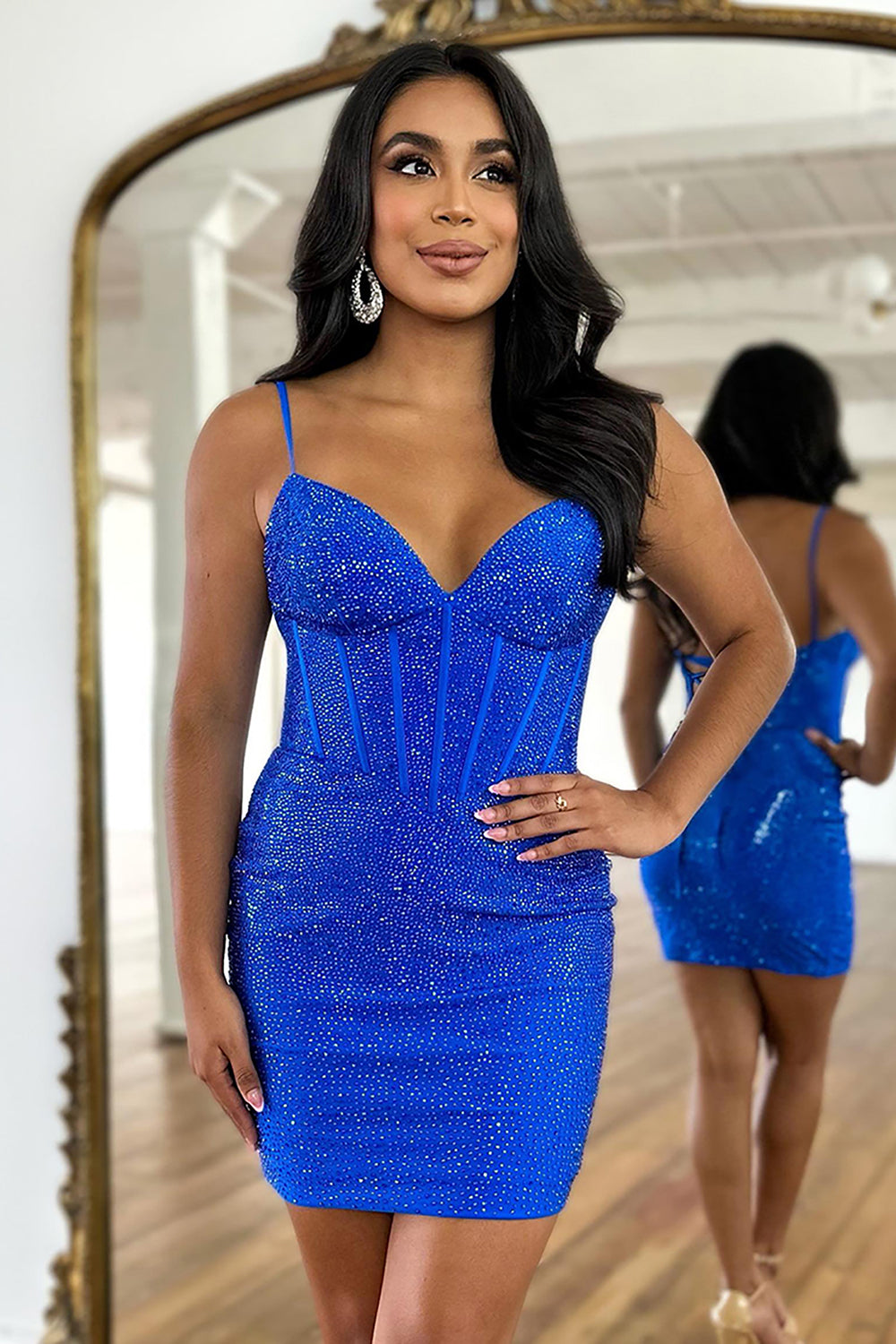 Dressystars Navy Beaded Homecoming Dress Corset Spaghetti Straps Cocktail Dress