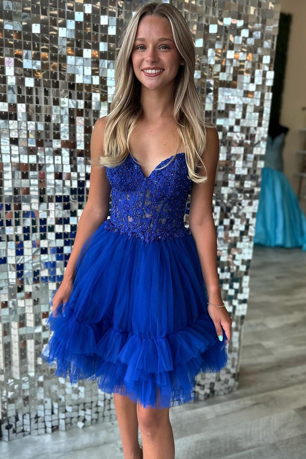 Dressystars Navy Homecoming Dress Beaded A Line Short Prom Dress with Appliques