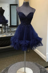 Dressystars Navy Homecoming Dress Beaded A Line Short Prom Dress with Appliques