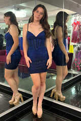 Dressystars Navy Homecoming Dress Beaded Corset Lace-Up Back Tight Short Prom Dress
