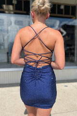 Dressystars Navy Homecoming Dress Beaded Spaghetti Straps Lace-Up Back Tight Short Prom Dress