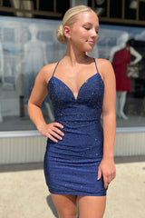 Dressystars Navy Homecoming Dress Beaded Spaghetti Straps Lace-Up Back Tight Short Prom Dress