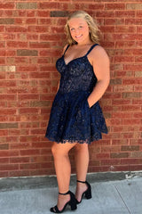 Dressystars Navy Homecoming Dress Corset Plus Size A Line Short Prom Dress