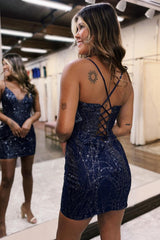 Dressystars Navy Homecoming Dress Corset Sequin Tight Short Prom Dress