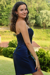 Dressystars Navy Homecoming Dress Corset Strapless Tight Short Prom Dress with Appliques