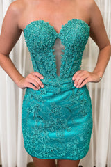 Dressystars Navy Homecoming Dress Corset Strapless Tight Short Prom Dress with Lace
