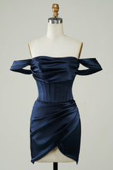 Dressystars Navy Homecoming Dress Off the Shoulder Asymmetrical Tight Short Prom Dress