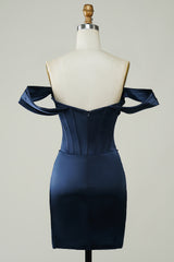 Dressystars Navy Homecoming Dress Off the Shoulder Asymmetrical Tight Short Prom Dress