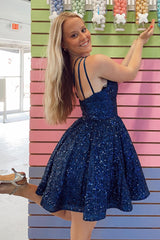 Dressystars Navy Homecoming Dress Sequin One Shoulder A-Line Short Prom Dress