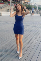 Dressystars Navy Homecoming Dress Sequined Lace-Up Back Tight Prom Dress