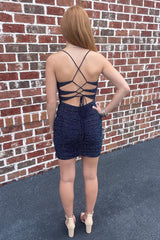 Dressystars Navy Homecoming Dress Sequined Lace-Up Back Tight Short Prom Dress