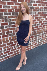 Dressystars Navy Homecoming Dress Sequined Lace-Up Back Tight Short Prom Dress