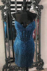 Dressystars Navy Homecoming Dress Spaghetti Straps Corset Tight Short Prom Dress with Beadings