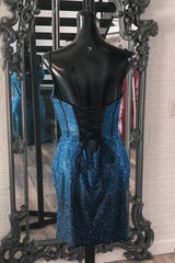 Dressystars Navy Homecoming Dress Spaghetti Straps Corset Tight Short Prom Dress with Beadings