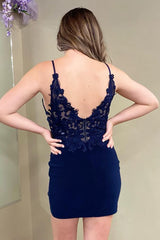 Dressystars Navy Homecoming Dress Spaghetti Straps Tight Short Prom Dress with Lace