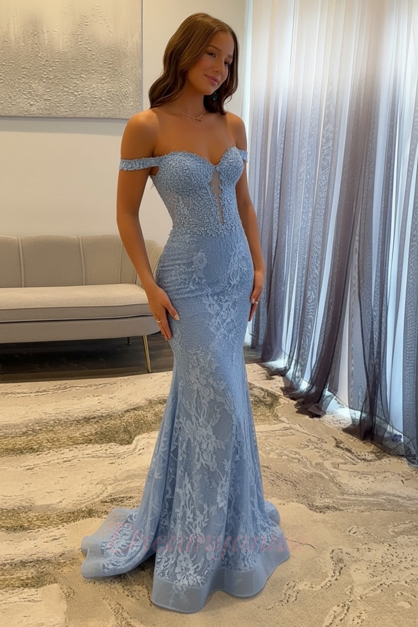 Dressystars Navy Mermaid Prom Dress Off The Shoulder Long Lace Formal Dress