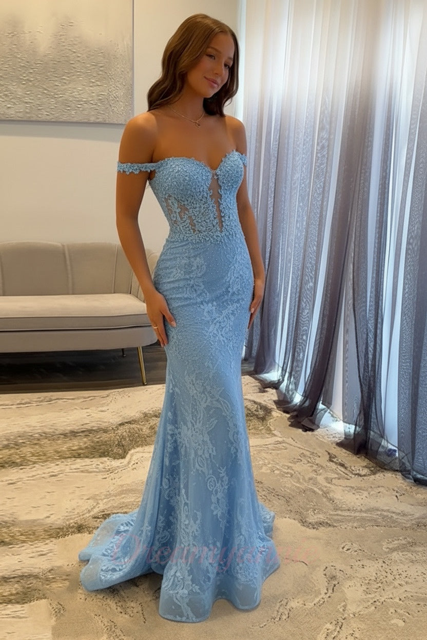 Dressystars Navy Mermaid Prom Dress Off The Shoulder Long Lace Formal Dress
