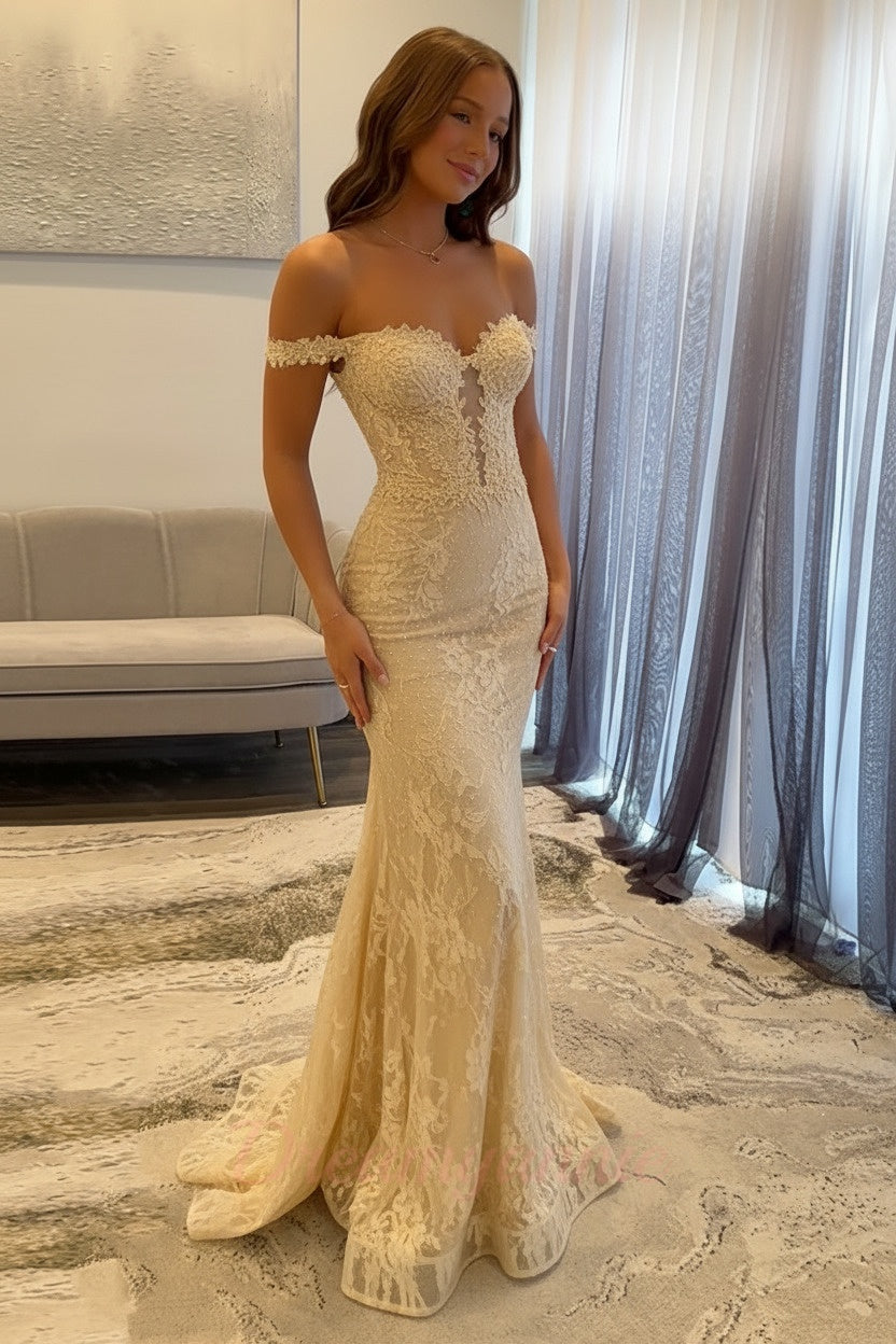 Dressystars Navy Mermaid Prom Dress Off The Shoulder Long Lace Formal Dress