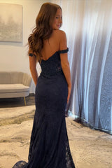 Dressystars Navy Mermaid Prom Dress Off The Shoulder Long Lace Formal Dress