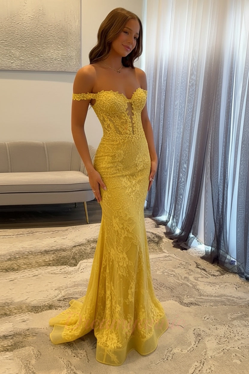 Dressystars Navy Mermaid Prom Dress Off The Shoulder Long Lace Formal Dress