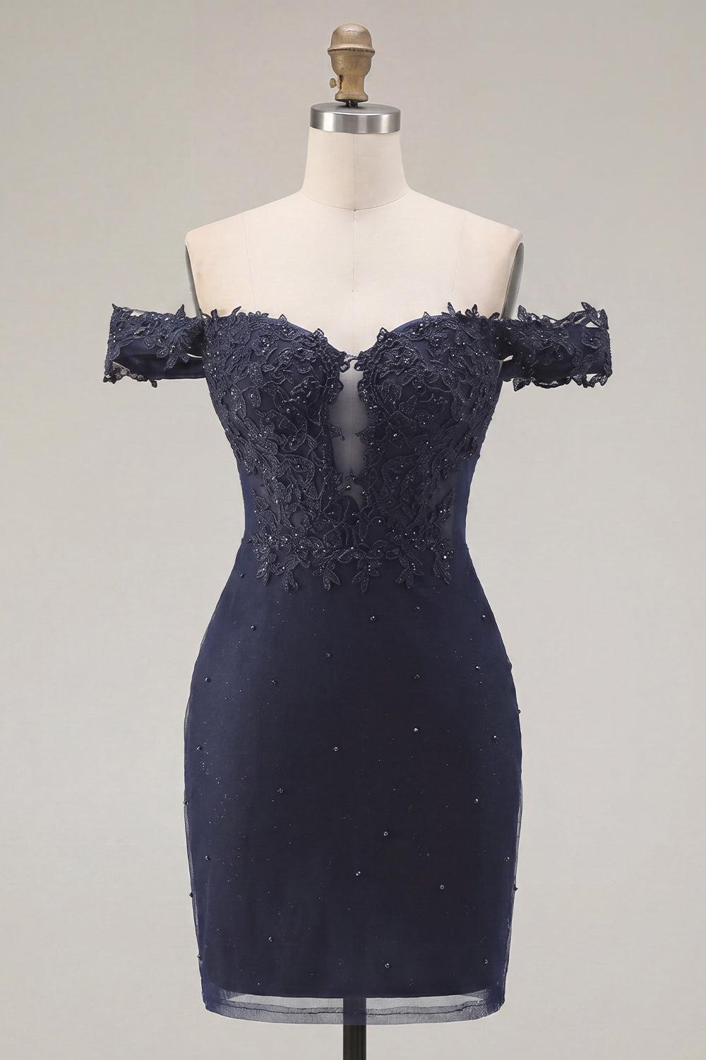 Dressystars Navy Off-the-Shoulder Beaded Ruched Tight Short Homecoming Dress