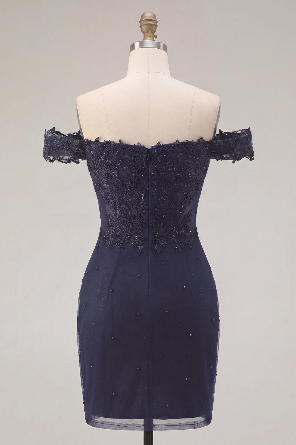 Dressystars Navy Off-the-Shoulder Beaded Ruched Tight Short Homecoming Dress