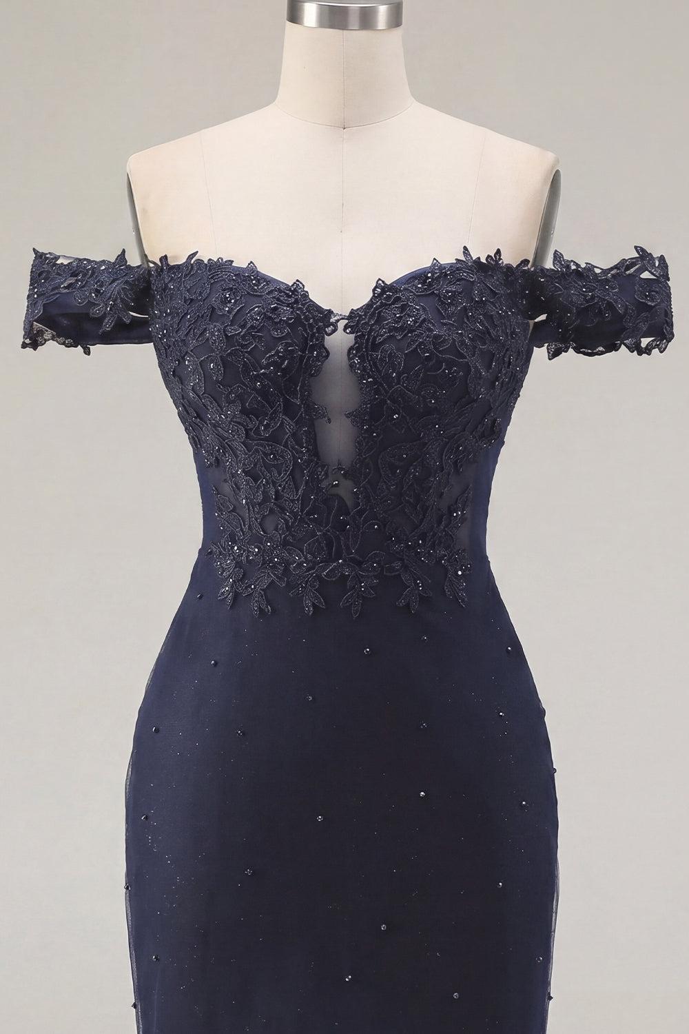 Dressystars Navy Off-the-Shoulder Beaded Ruched Tight Short Homecoming Dress