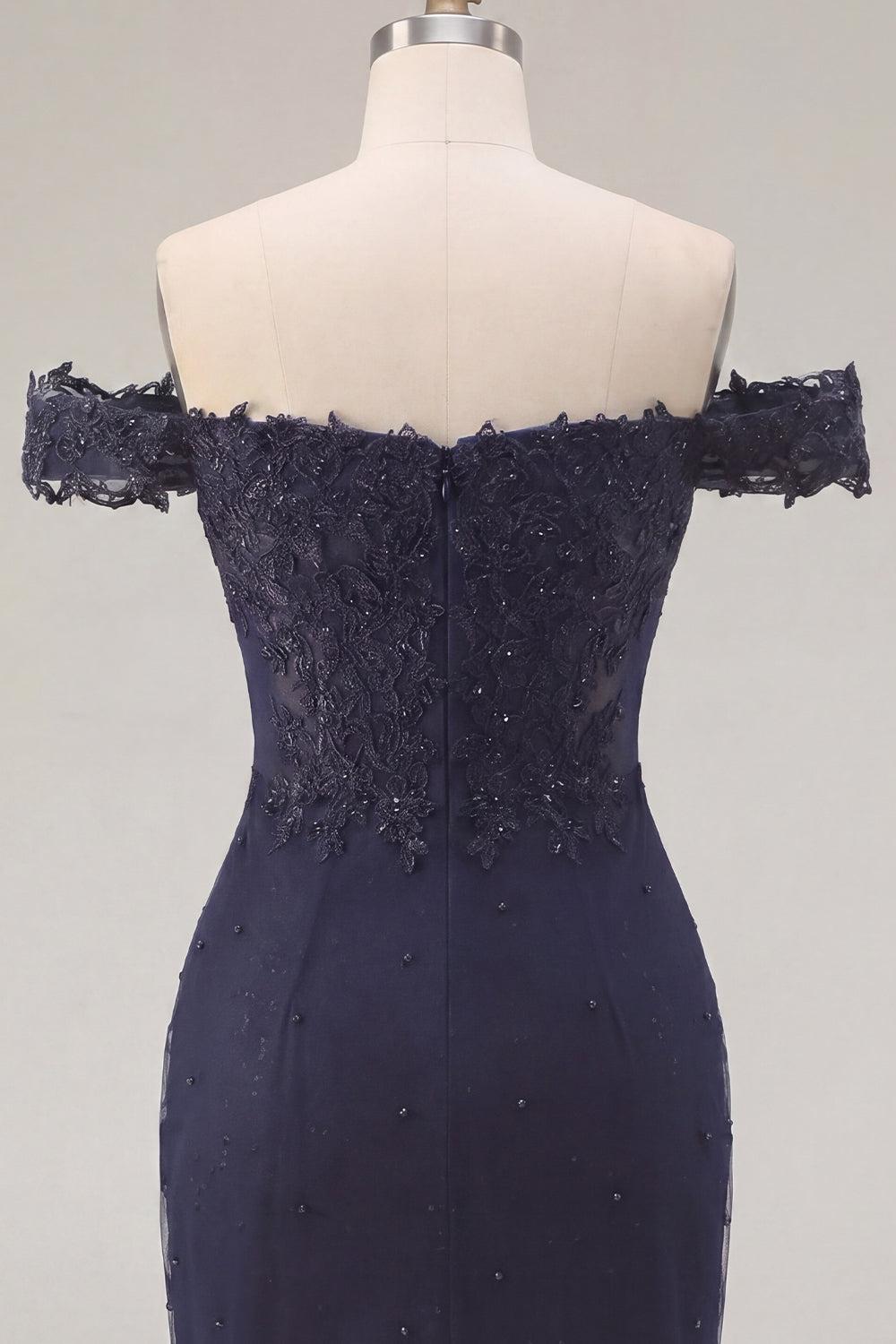 Dressystars Navy Off-the-Shoulder Beaded Ruched Tight Short Homecoming Dress
