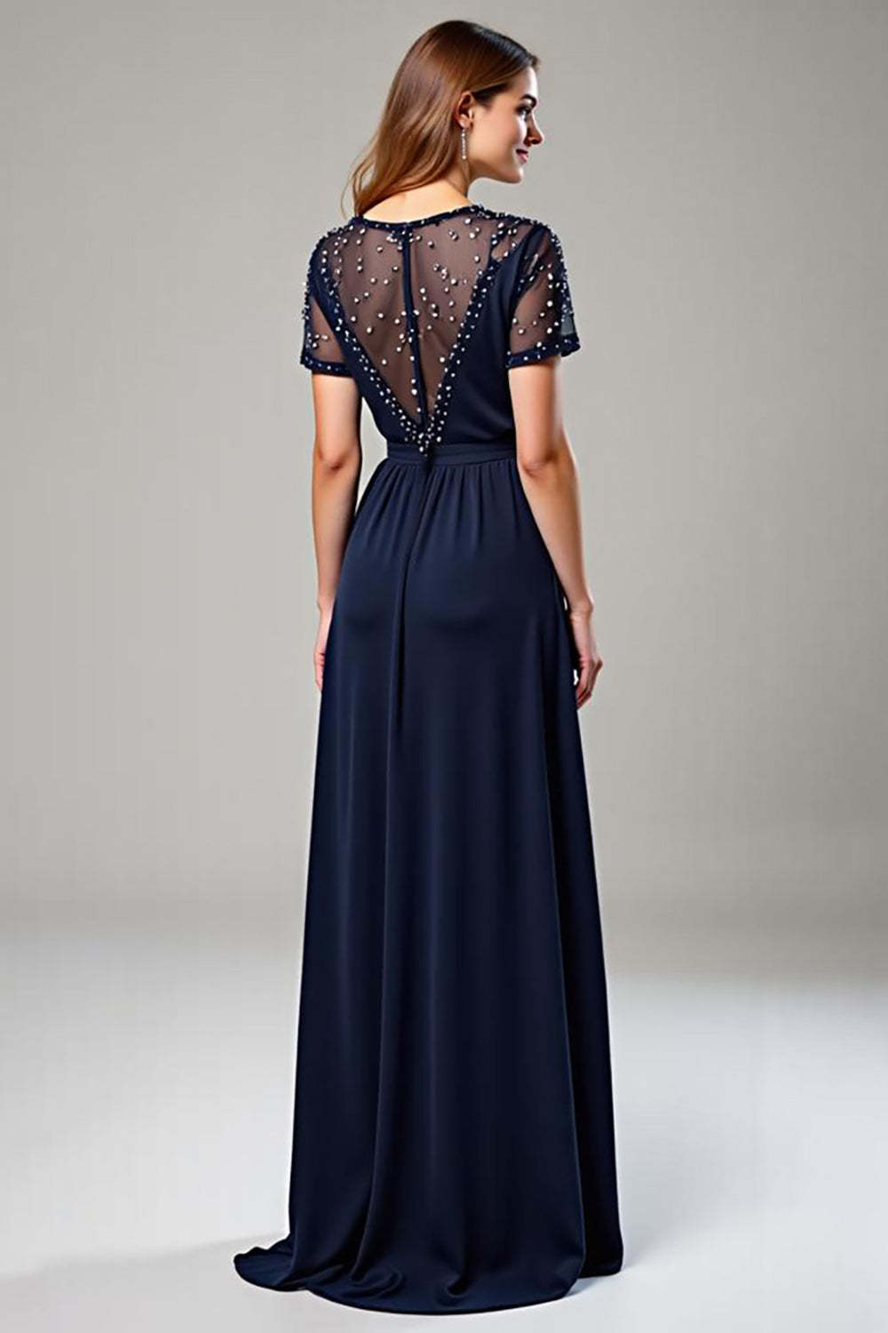 Dressystars Navy Wedding Guest Dress Chiffon Deep V-Neck Long Formal Dress